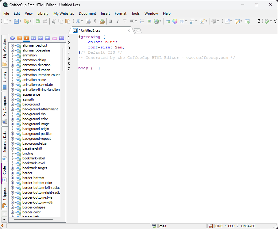coffeecup HTML Editor code settings
