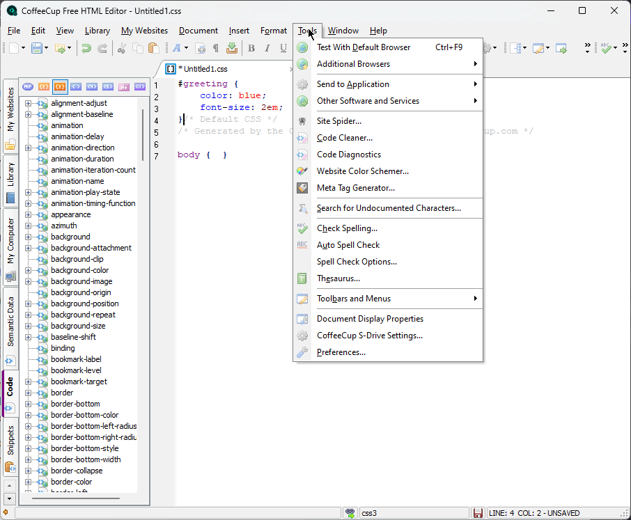 coffeecup HTML Editor tools menu