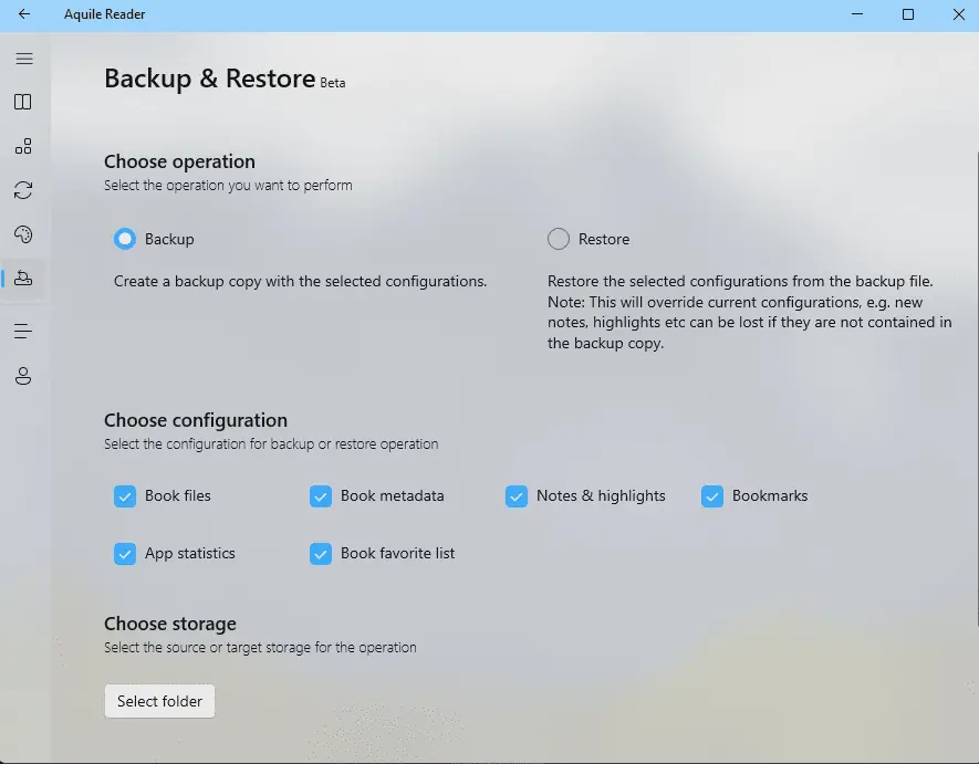 Aquile Reader backup and restore
