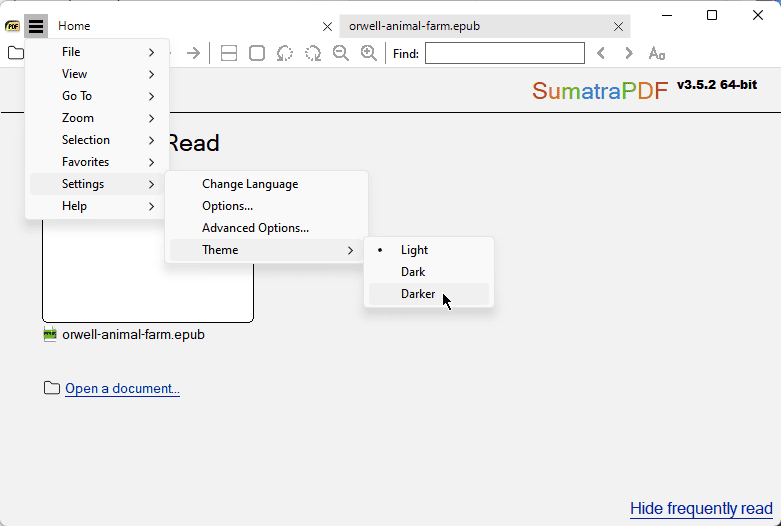 sumatra pdf reader choosing theme