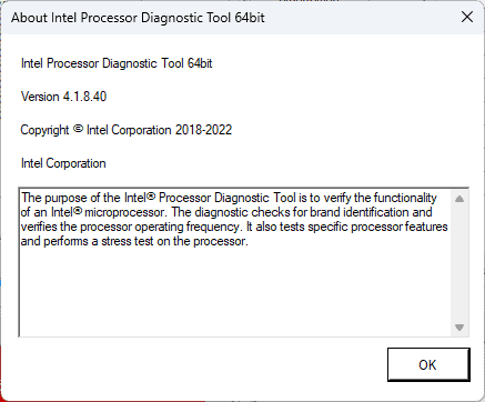 Intel Processor Diagnostic Tool About