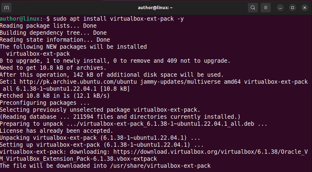 installing virtualbox-ext-pack on Linux