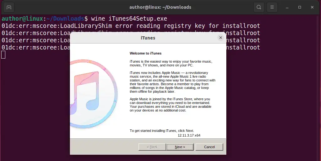 launching iTunes setup on Linux