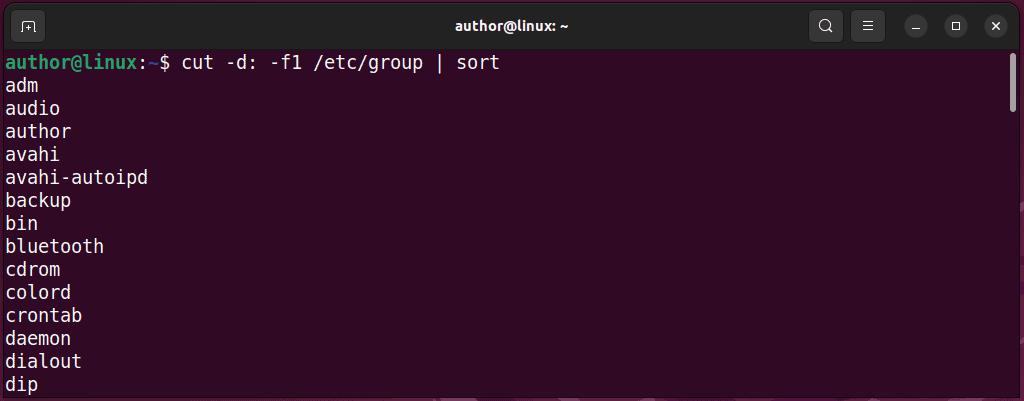 listing all groups in ascending order on linux with cut command