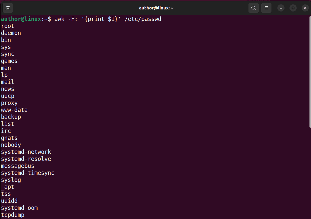 listing ubuntu users with awk command