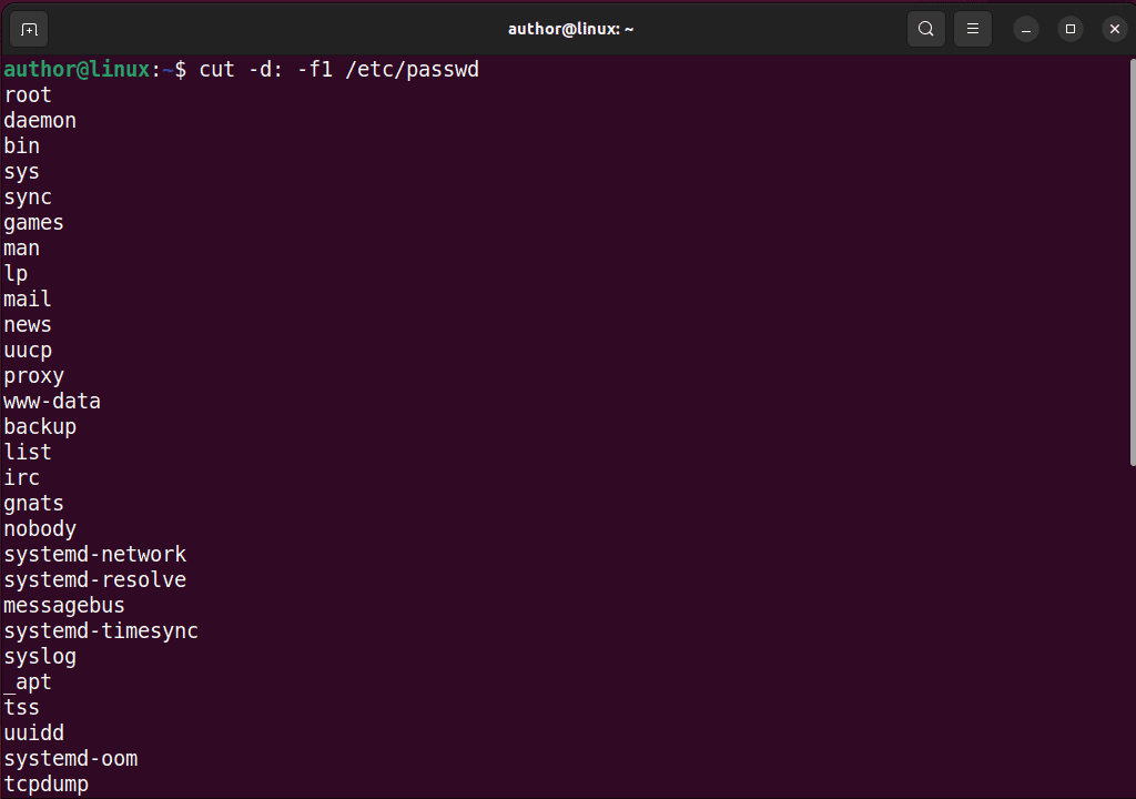 listing ubuntu users with cut command