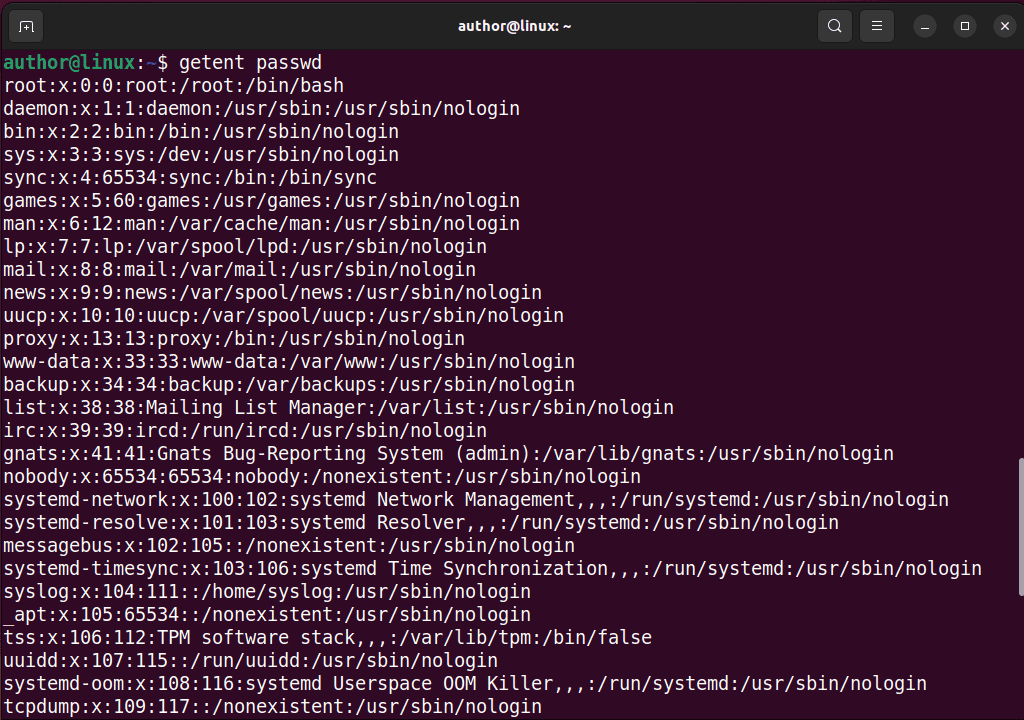 listing ubuntu users with getent command