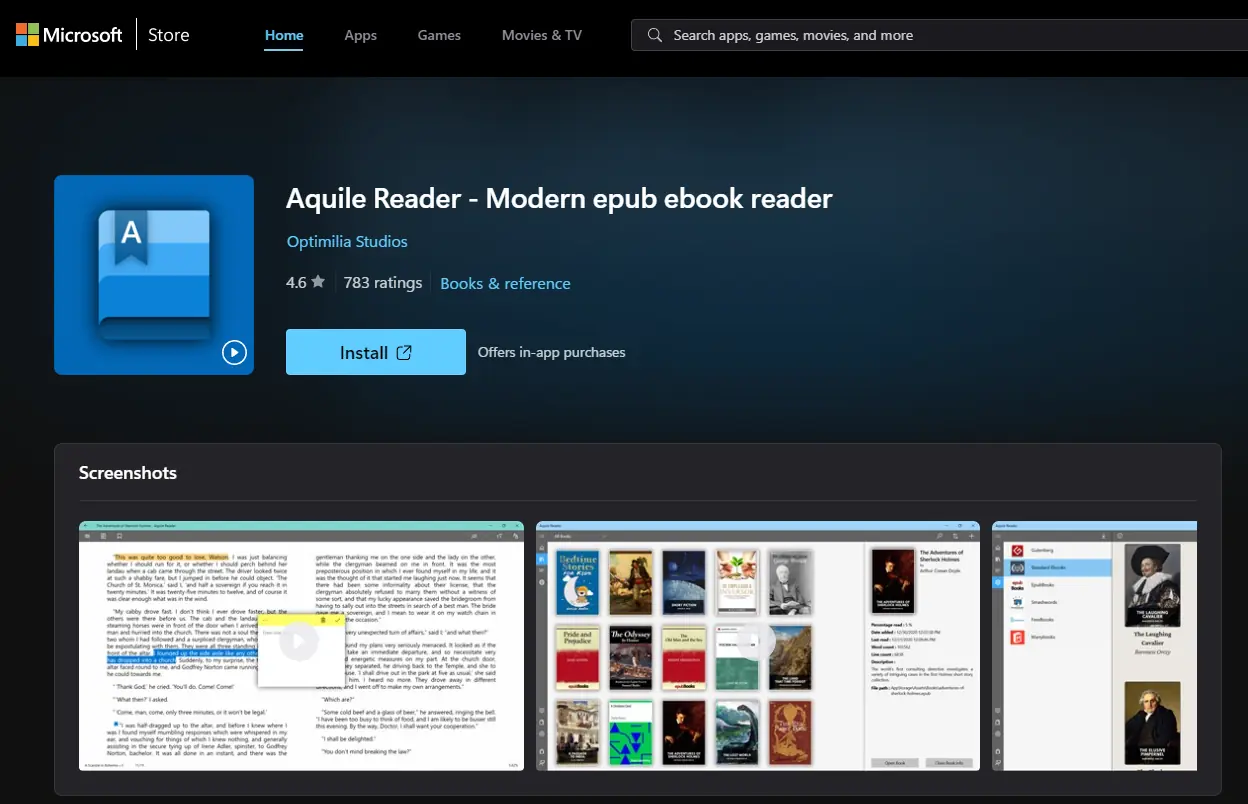 Aquile Reader Microsoft Store download page