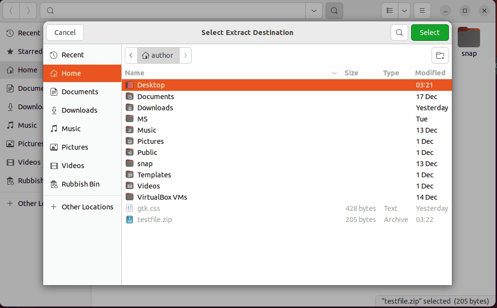 selecting destination directory for file extraction