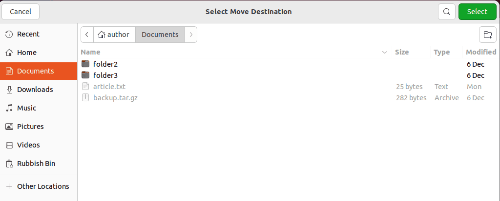 selecting destination directory via GUI