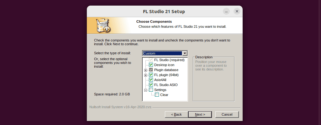 selecting fl studio components to install on Linux