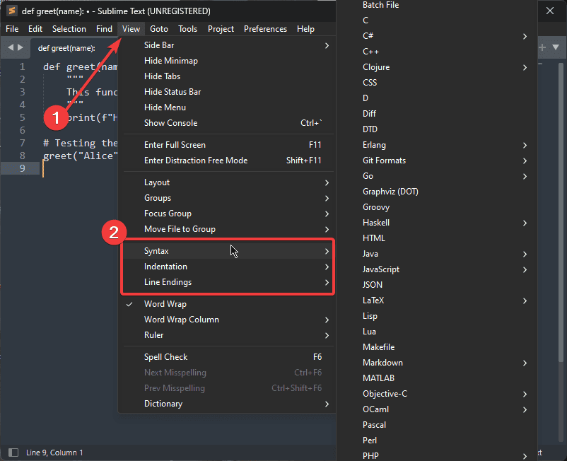 Sublime Text View Menu with options