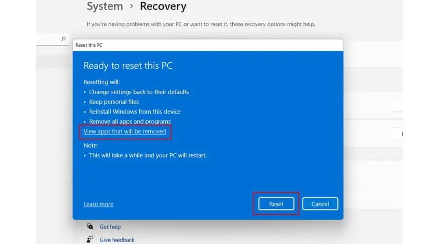 Windows 11 Ready to reset PC
