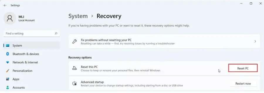 Windows 11 Recovery Page