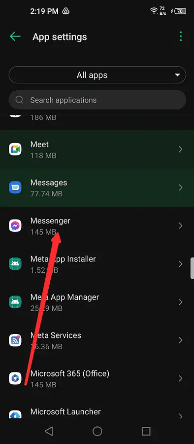 Find and tap on Messenger in the list of installed apps