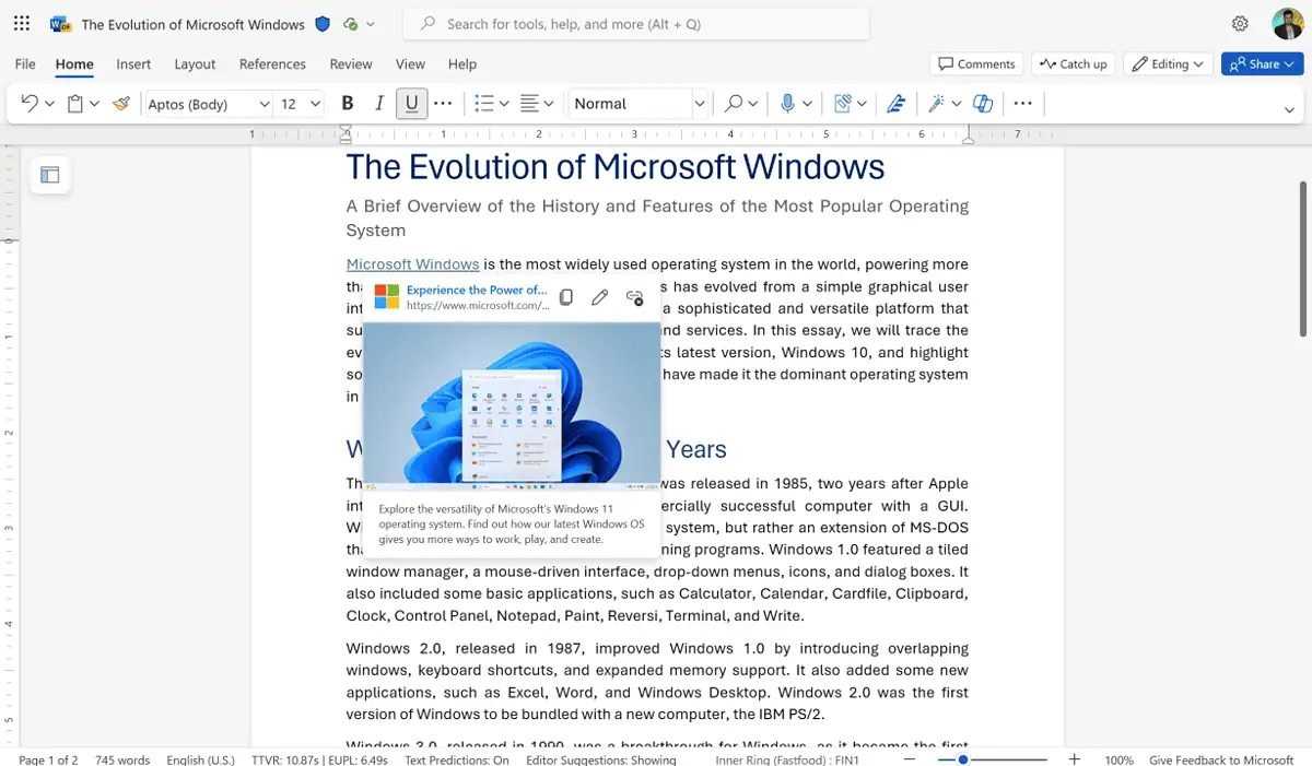 Microsoft Word link preview