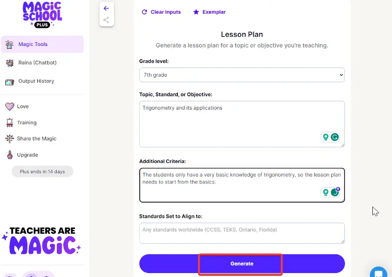 MagicSchool AI Lesson Plan tool