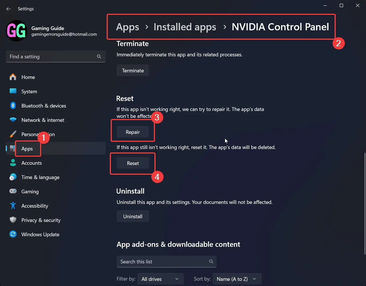 Repair and Reset NVIDIA Control Panel