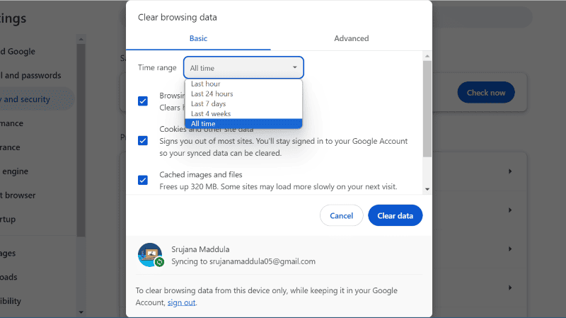 chrome clear browsing data all time