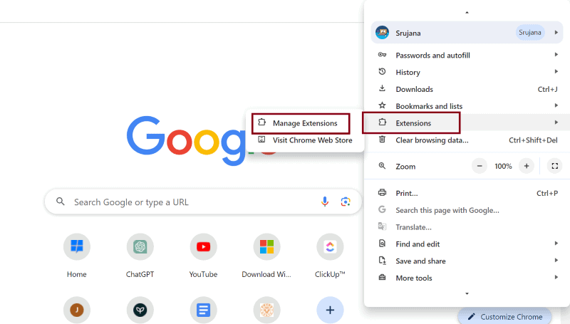 chrome manage extensions