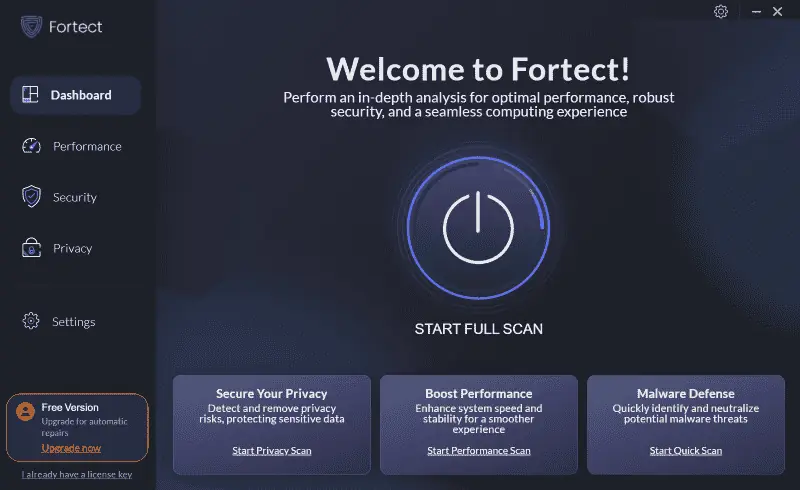 Fortect user interface