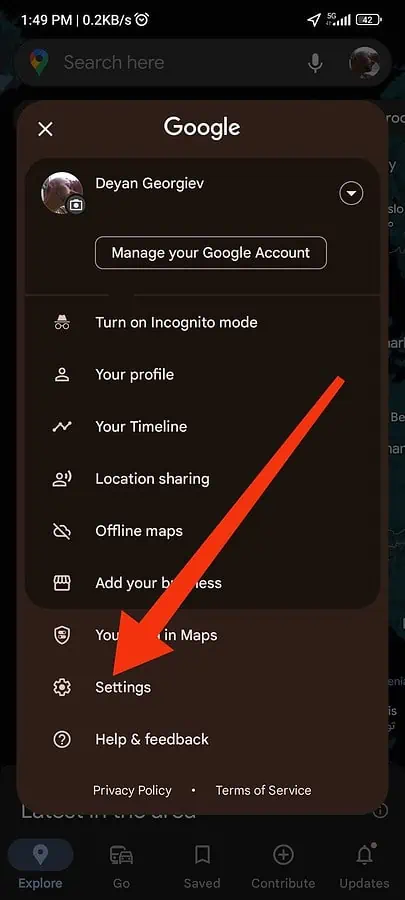 Selecting settings on Google Maps