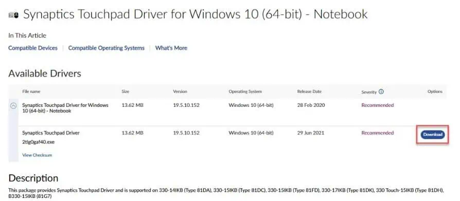 Synaptics touchpad driver Windows 11 Lenovo Download