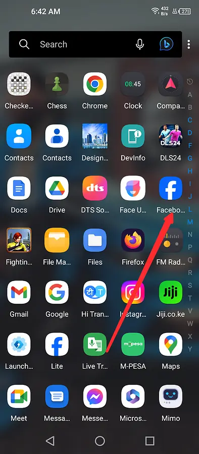 Tap and hold the Facebook app logo