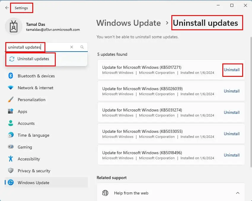 Uninstall updates