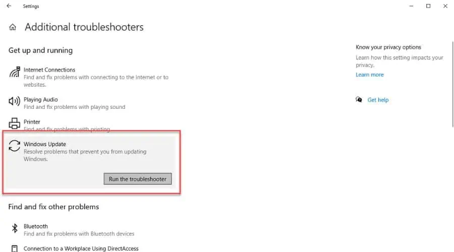 Windows Update Error 0x80080005 Run troubleshooter