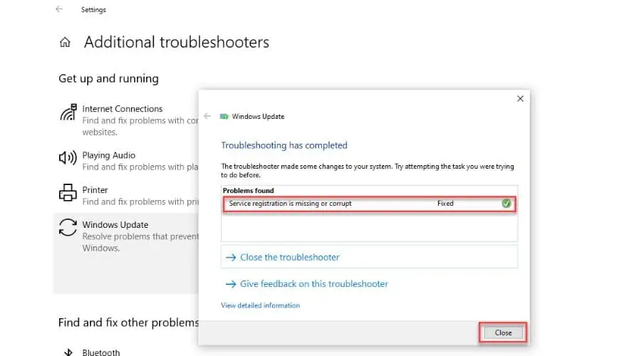 Windows Update Error 0x80080005 Troubleshooter finished