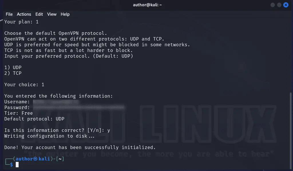choosing the default openvpn protocol on kali linux