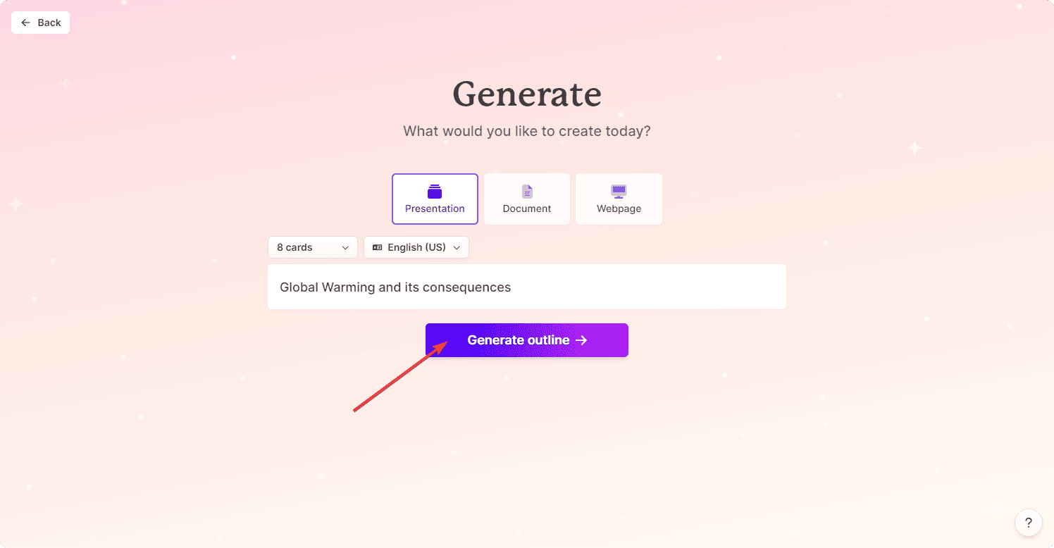 clicking on generate outline gamma ai app