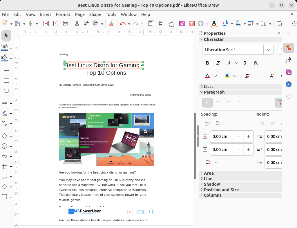editing pdf document using libreoffice draw in linux