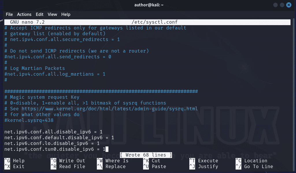 editing sysctl configuration file on kali linux