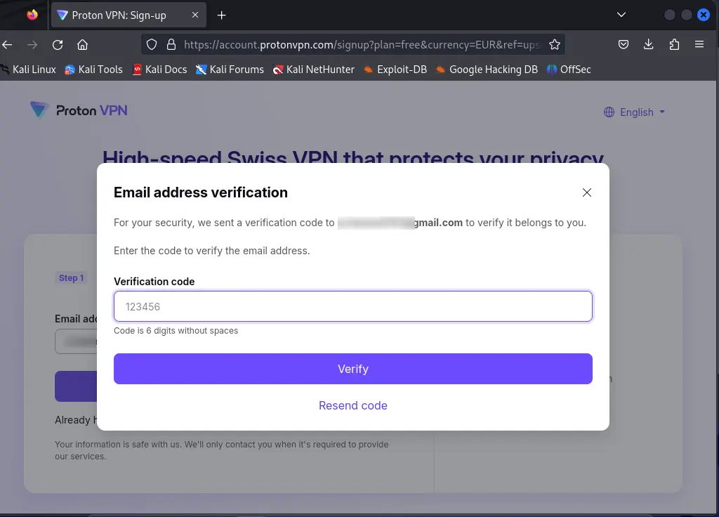 entering verification code for protonvpn on kali linux