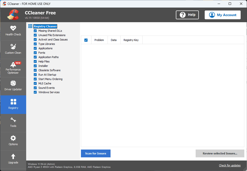 CCleaner Registry feature
