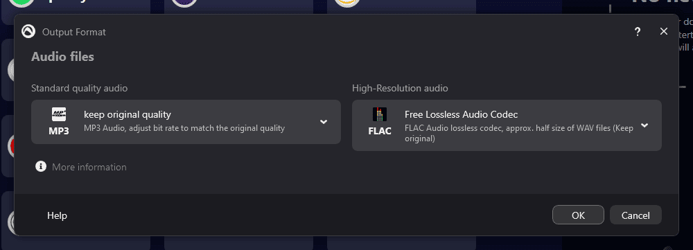Audials Music 2024 quality settings
