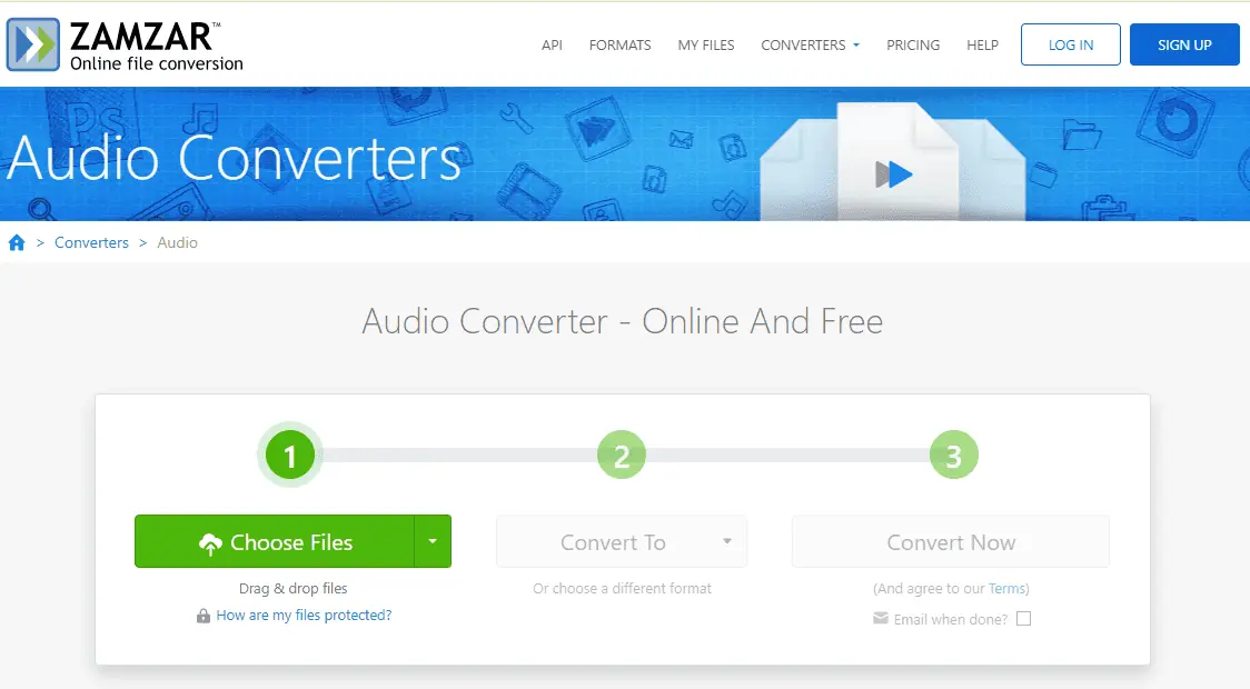 Zamzar Audio Converter website interface