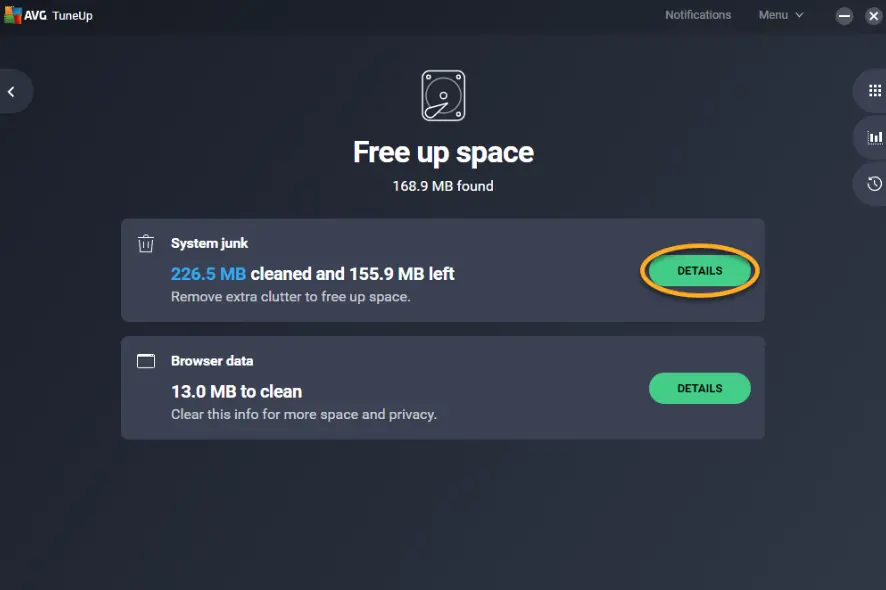 AVG TuneUp free up space