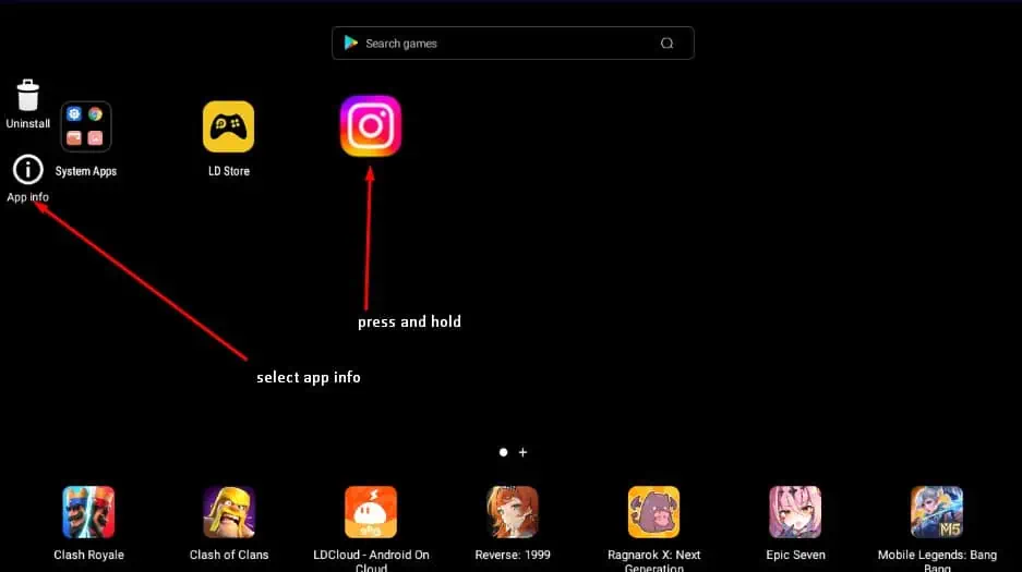 Press and hold the Instagram icon and select app info