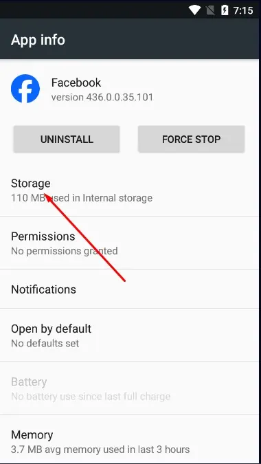 Select storage in the app info menu