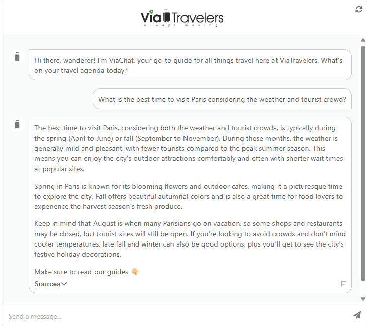 ViaChat AI Travel planner response to first prompt
