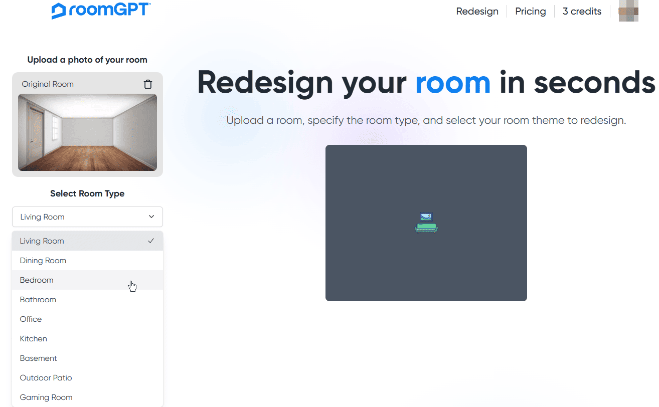 RoomGPT Select Room Type Drop-down