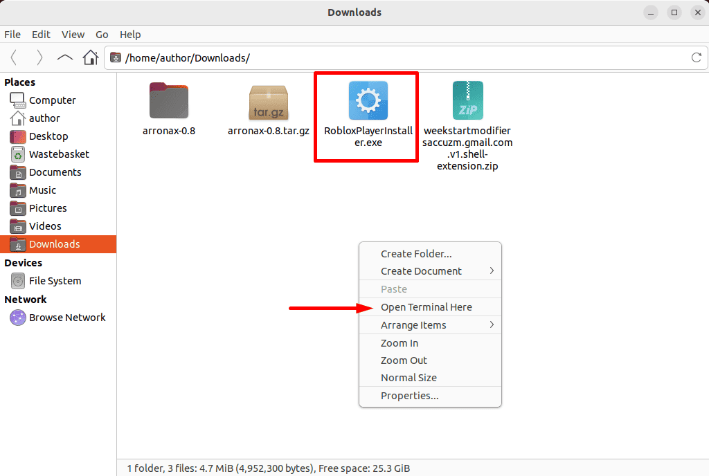 Opening a terminal from the download directory in Linux