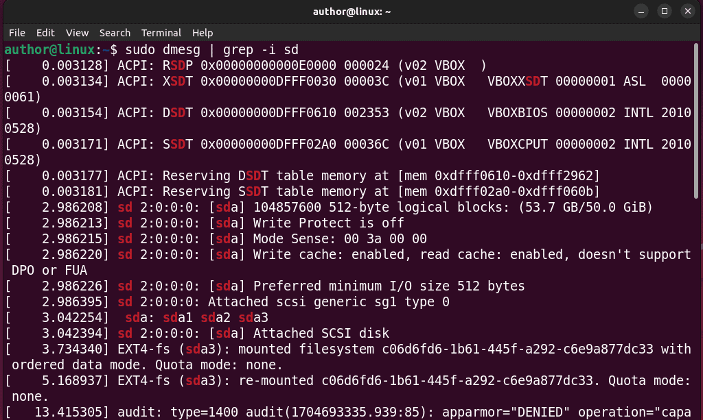 running dmesg command to check sd card in linux