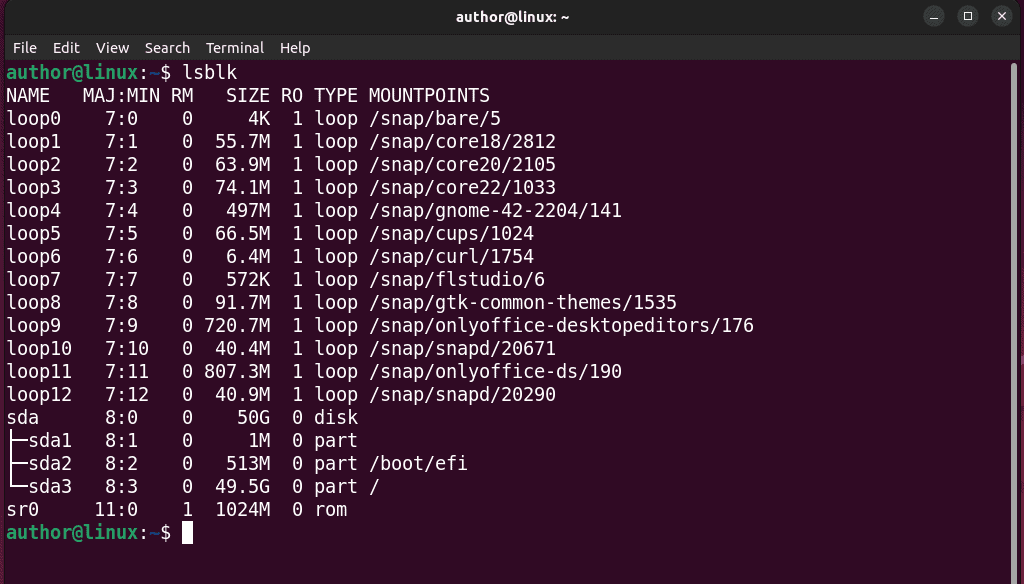 running lsblk command to check sd card in linux