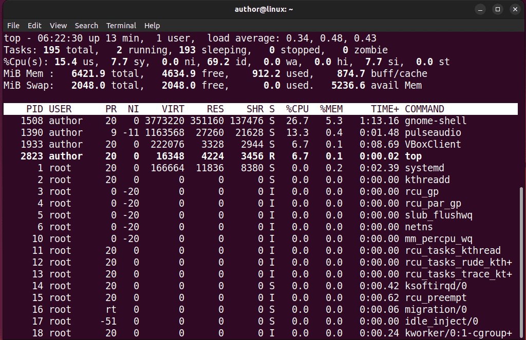 running top command on linux