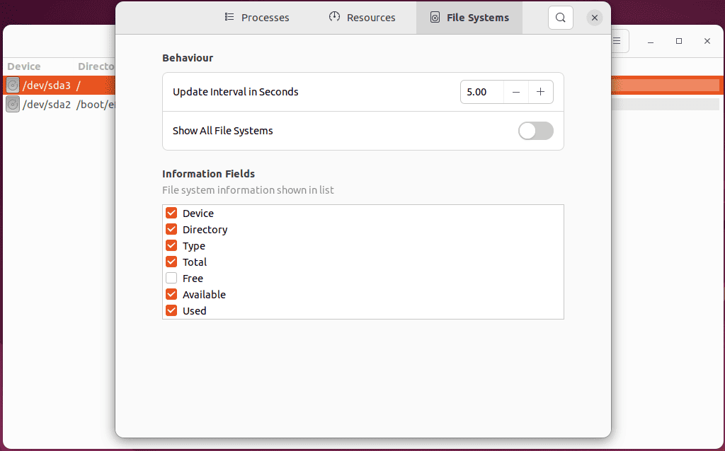 setting file systems preferences of system monitor