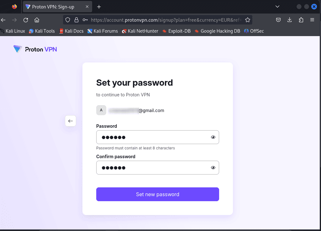 setting password for protonvpn account on kali linux